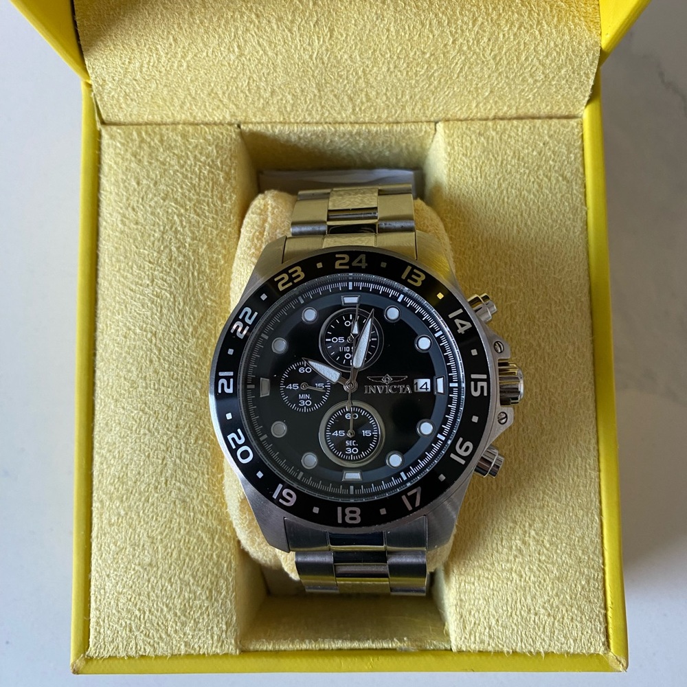 Invicta Silver and Black Chronograph Watch Quartz with Black Dial